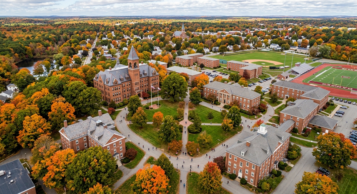 Aerial view of Dean College campus in Franklin Massachusetts, historic Dean Hall building surrounded by green trees, 100-acre New England campus with brick buildings and walking paths, autumn foliage