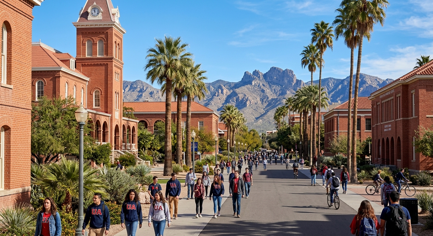 University of Arizona campus in Tucson with red brick buildings, palm trees, desert mountain backdrop, and students walking along pathways under clear blue sky