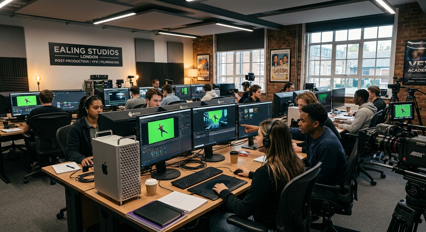 Modern post-production studio at Ealing Studios London, students working on visual effects compositing at high-end workstations with green screen footage on monitors, professional film equipment visible, creative collaborative atmosphere