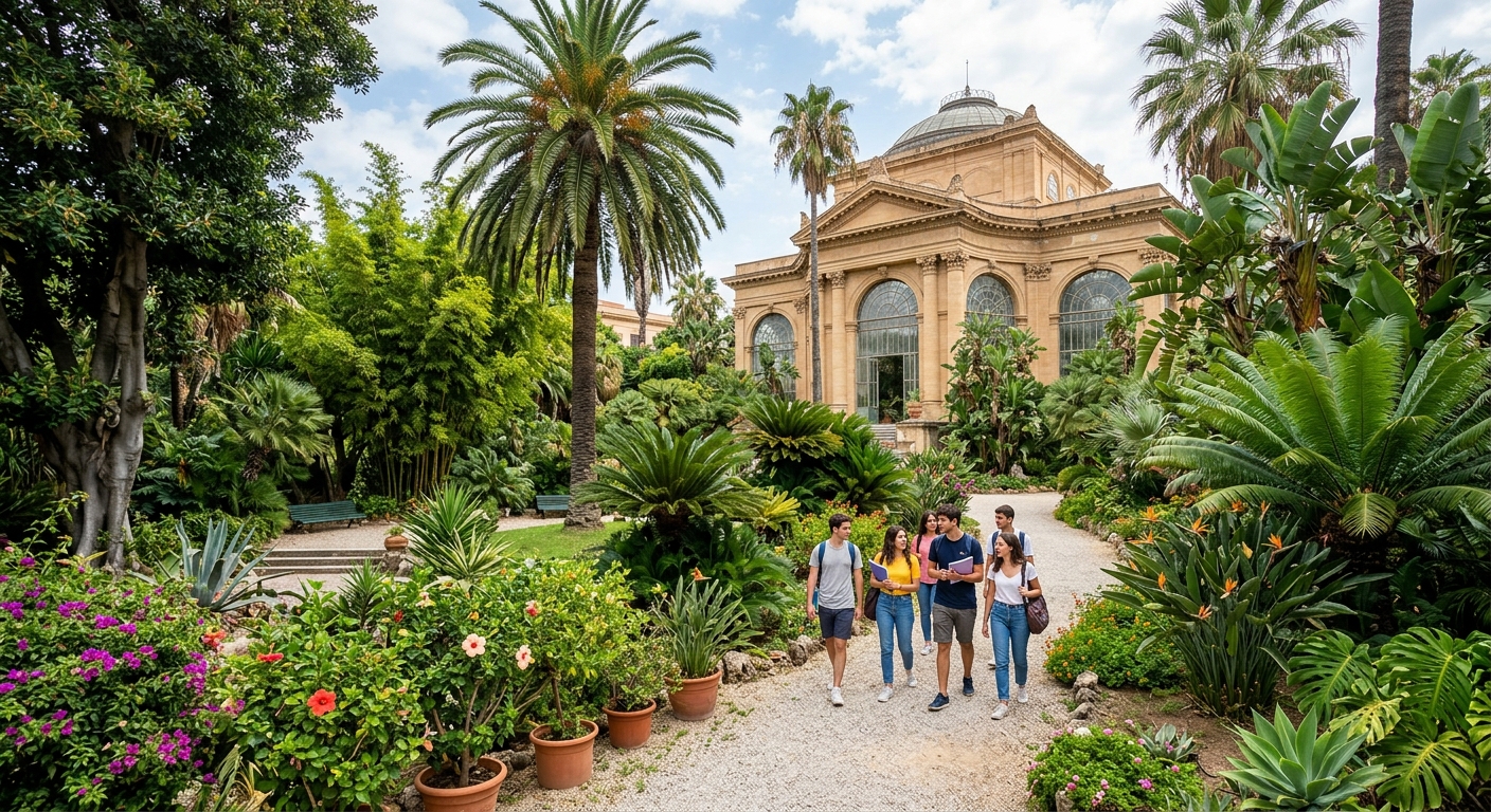 Orto Botanico di Palermo lush tropical botanical garden, exotic plants, neoclassical greenhouse building, winding paths, students walking among greenery
