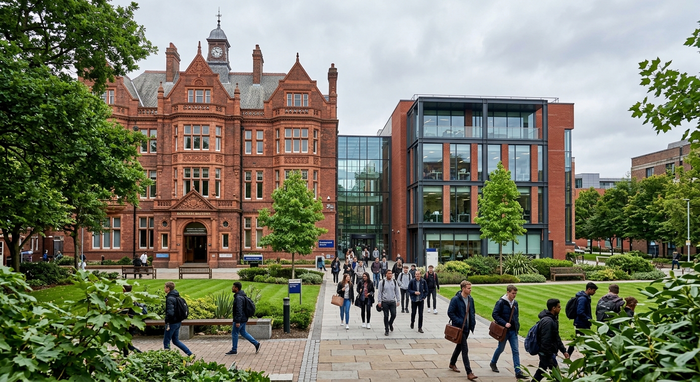 University of Liverpool Management School Chatham Building exterior, red brick Victorian architecture with modern Grove Wing extension, green campus courtyard, students walking, overcast Liverpool sky