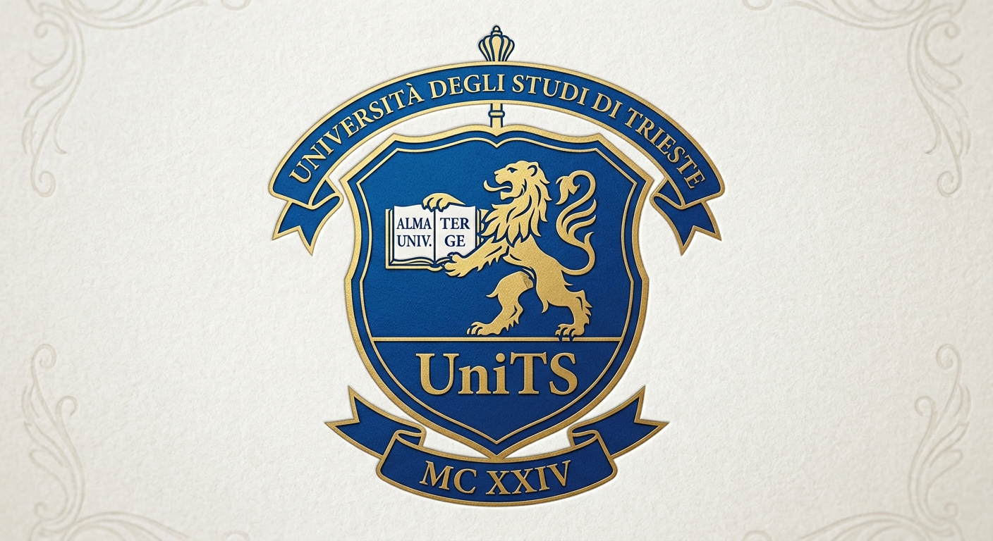 University of Trieste official logo, blue shield emblem with stylized text Universita degli Studi di Trieste and UniTS abbreviation