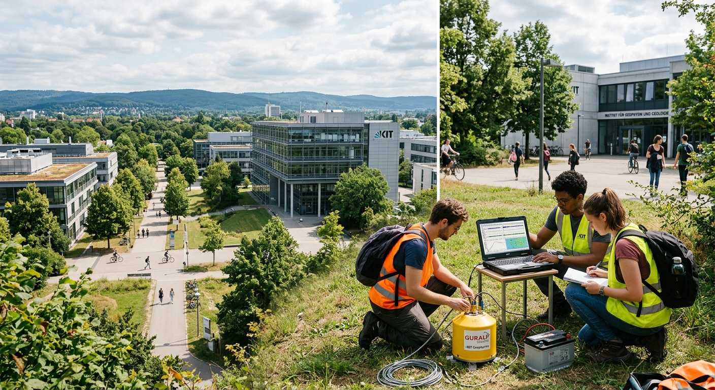 Karlsruhe Institute of Technology campus with modern research buildings, seismology equipment in foreground, students working outdoors near geophysical instruments, green landscape of Karlsruhe Germany