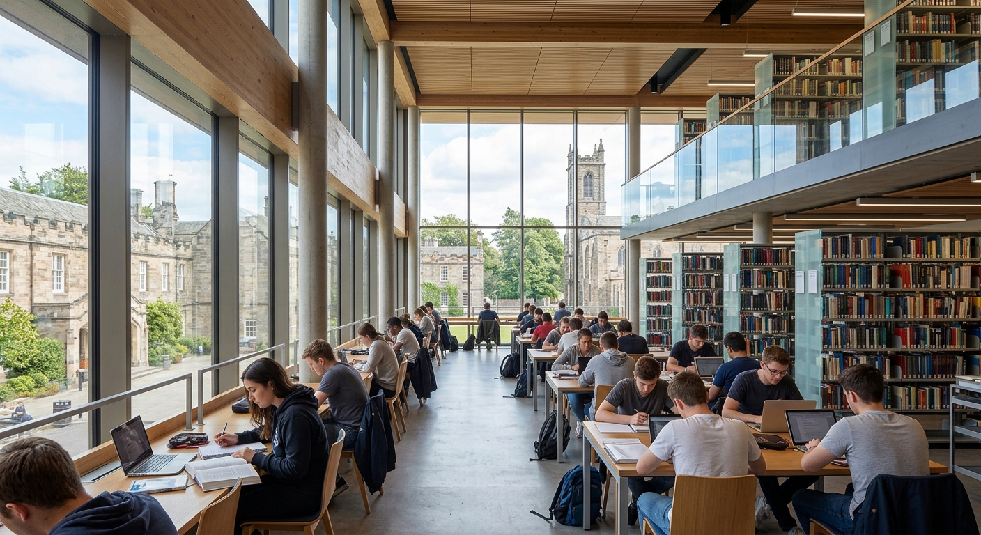 University of St Andrews Main Library modern interior with natural light streaming through large windows, students studying at desks surrounded by bookshelves, contemporary architecture