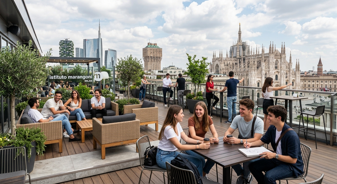 Istituto Marangoni Milan rooftop terrace with panoramic city views, students socializing, modern outdoor furniture, Milan skyline in background