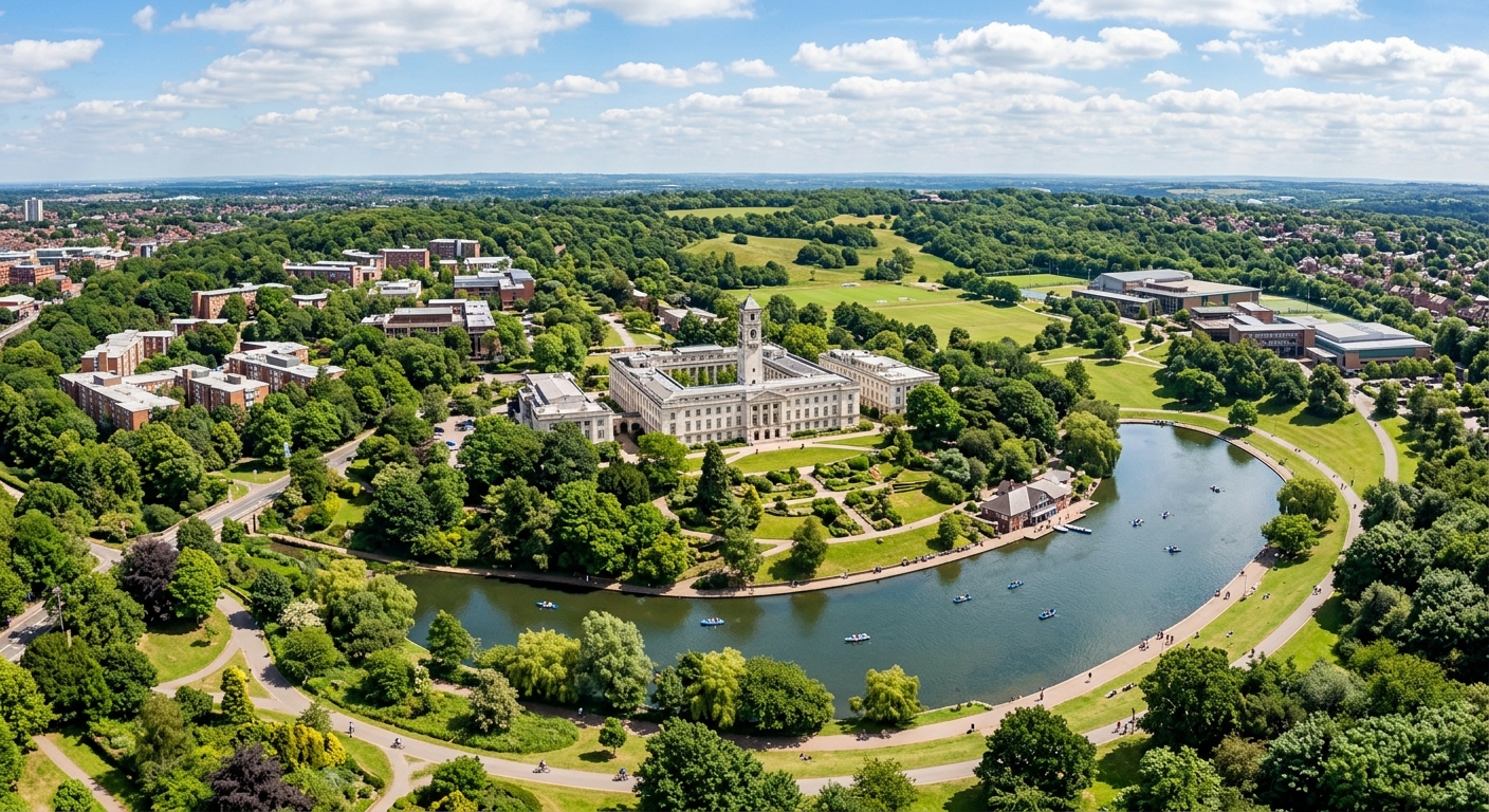 University of Nottingham University Park campus wide aerial view showing the iconic Trent Building, landscaped grounds, boating lake, and lush green parkland stretching across 330 acres under a bright English sky