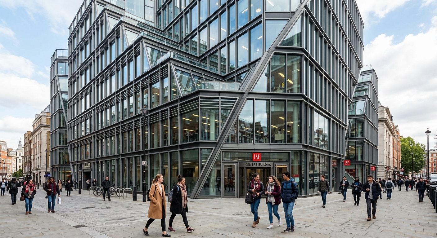 LSE Centre Building modern glass facade on Houghton Street, students walking past, contemporary architecture with geometric design, daytime