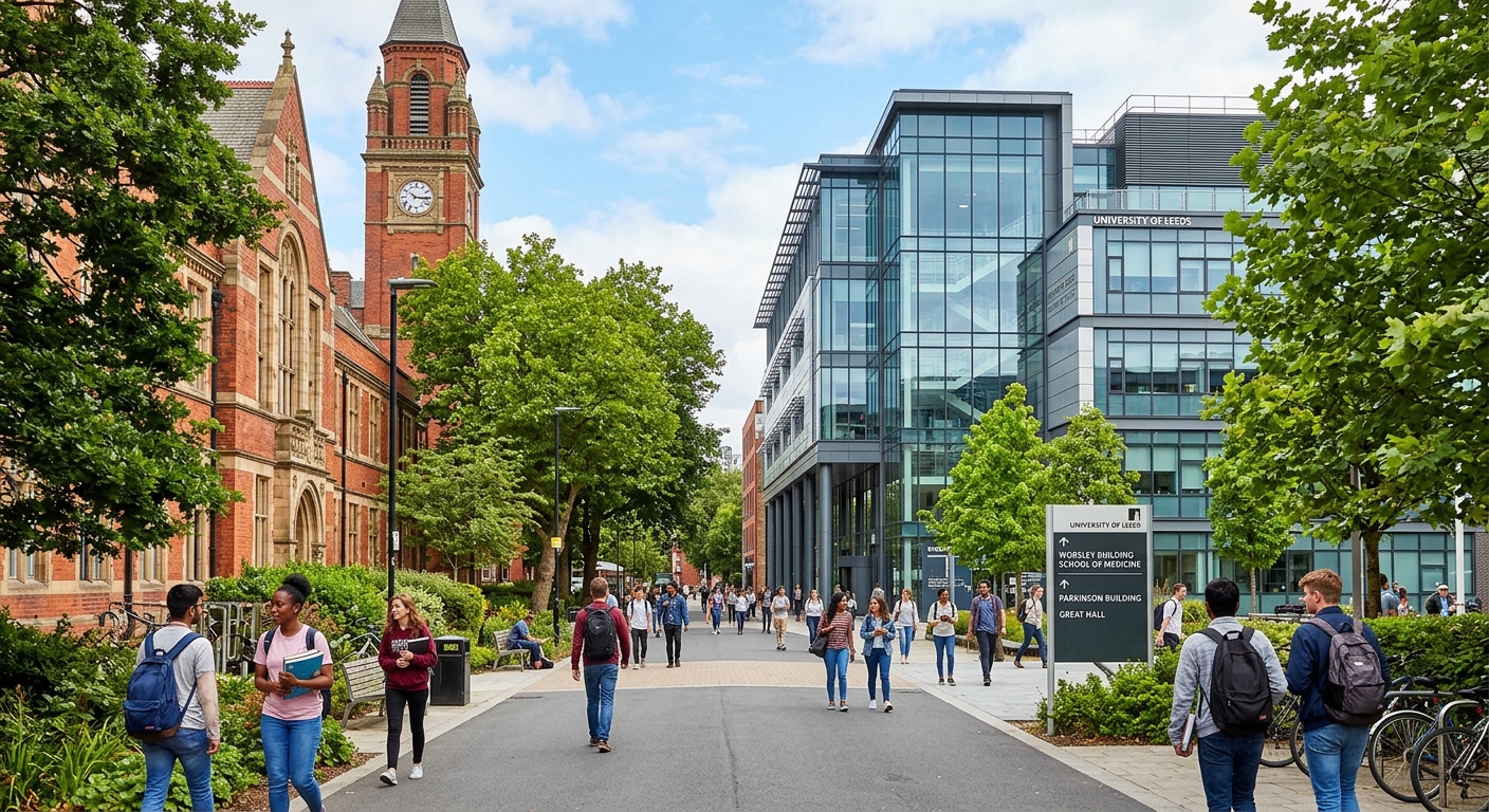 University of Leeds campus with modern medical sciences building, students walking along tree-lined pathways, historic red-brick architecture blending with contemporary glass facilities, bright daylight