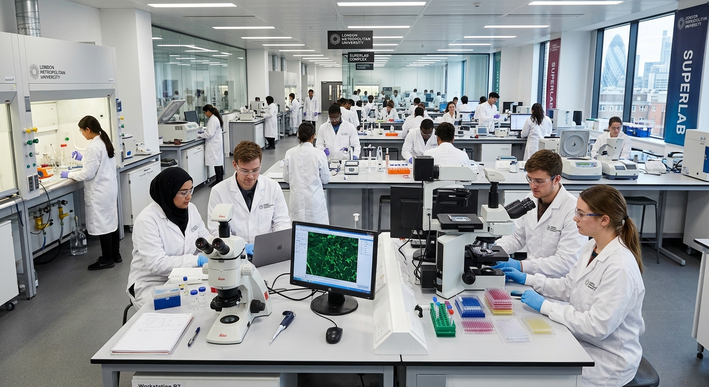 Modern science laboratory at London Metropolitan University with students in white lab coats working at advanced workstations, microscopes and biomedical equipment visible, bright fluorescent lighting in a spacious superlab facility