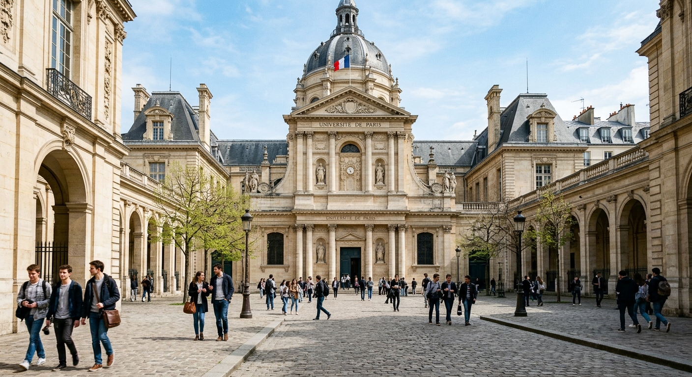 Historic Sorbonne University building in Paris Latin Quarter with ornate stone facade, students walking through courtyard, classical French architecture under blue sky