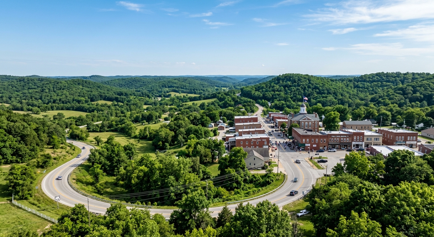 Scenic Ozark hills landscape near Rolla Missouri, rolling green forested hills, winding road, clear sky, small-town charm with historic downtown buildings