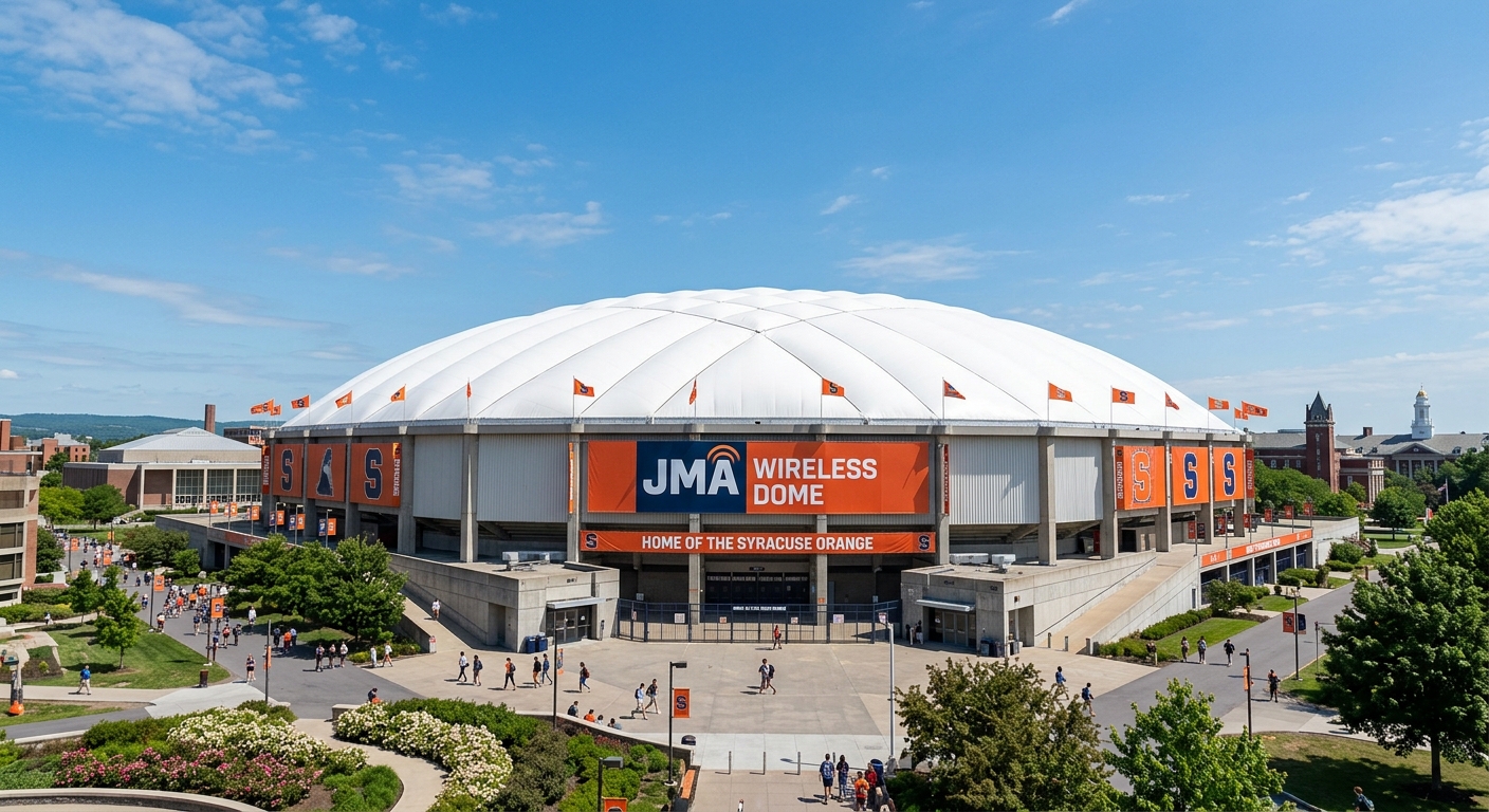 JMA Wireless Dome (formerly Carrier Dome) at Syracuse University, large white domed stadium under blue sky, orange banners visible