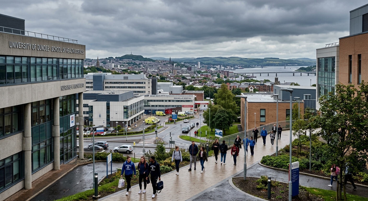 University of Dundee campus with modern healthcare and nursing buildings, students walking along pathways near the Ninewells Hospital area, Scottish cityscape in the background with the River Tay visible, overcast sky typical of Scotland