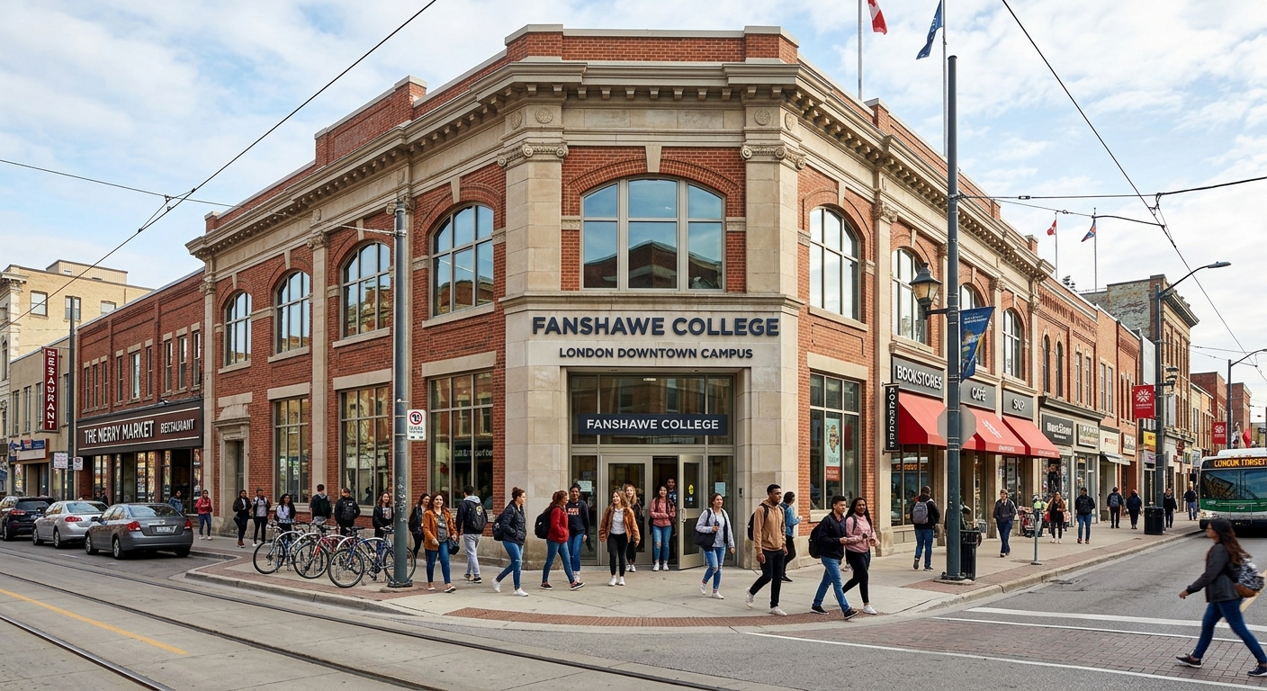 Fanshawe College London Downtown campus, renovated heritage building on Dundas Street, urban setting with shops and restaurants nearby, students entering the building