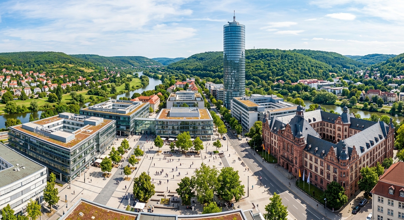 Friedrich Schiller University Jena campus wide shot showing the Ernst-Abbe-Platz with modern glass buildings, the historic main building at Fürstengraben, and the JenTower rising in the background against green Thuringian hills along the Saale River valley