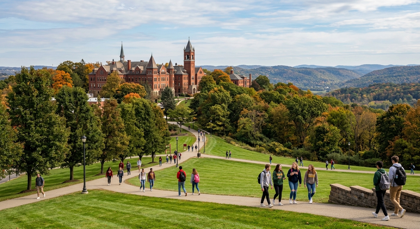 Seton Hill University campus in Greensburg Pennsylvania, historic brick buildings on a wooded hilltop, green lawns, students walking along tree-lined paths with Laurel Highlands scenery in the background