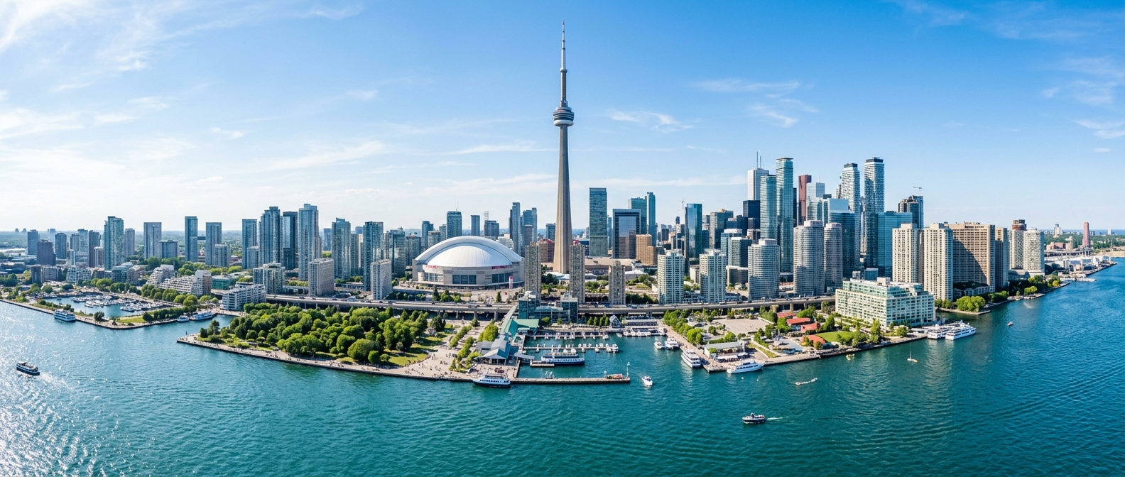 Toronto skyline panorama featuring CN Tower, downtown skyscrapers, Lake Ontario waterfront, clear sky, vibrant urban cityscape with green parks