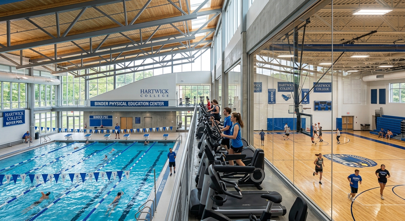 Binder Physical Education Center at Hartwick College, modern athletic facility with swimming pool and gymnasium, students exercising inside