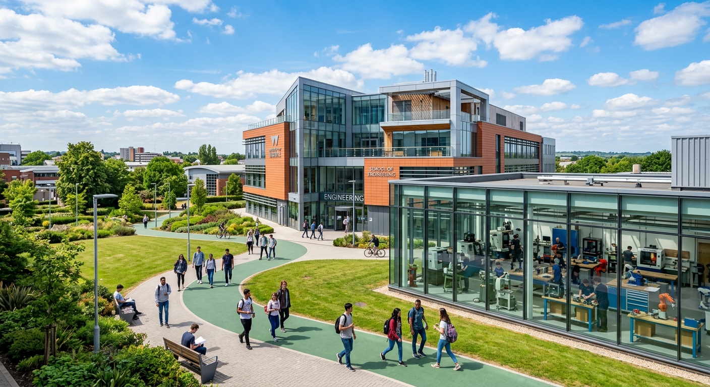 University of Warwick School of Engineering campus building with modern architecture, students walking on green pathways, engineering workshop visible through glass walls, bright daylight with blue sky over Coventry England