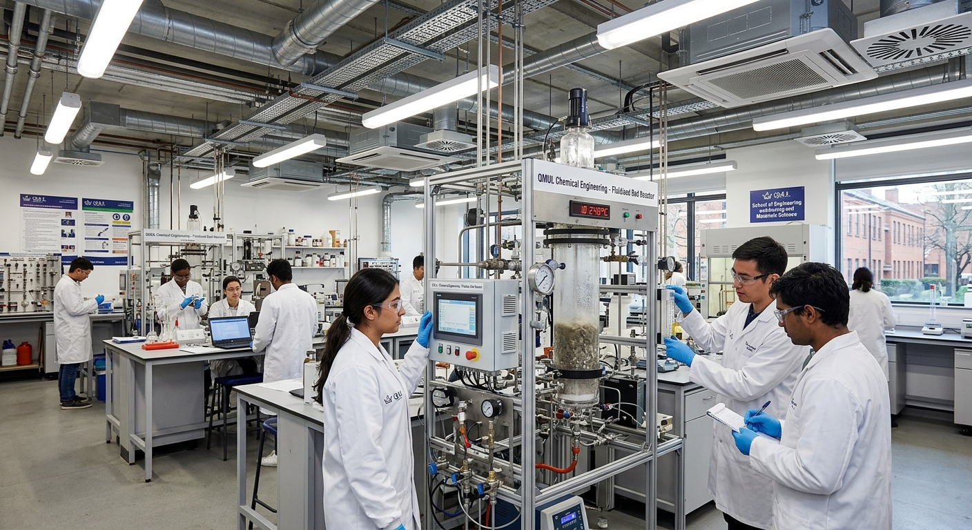 Modern engineering laboratory at Queen Mary University of London Mile End campus, students working with chemical processing equipment, fluidised bed reactor visible, bright overhead lighting and industrial ventilation