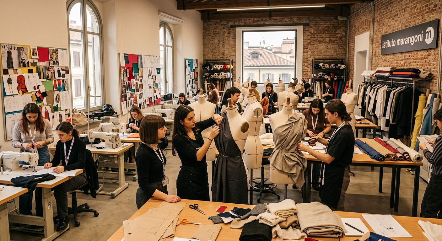 Istituto Marangoni Milan campus interior with fashion design students working on mannequins and fabric draping, modern atelier with mood boards, sewing machines, and Italian architectural details, warm studio lighting