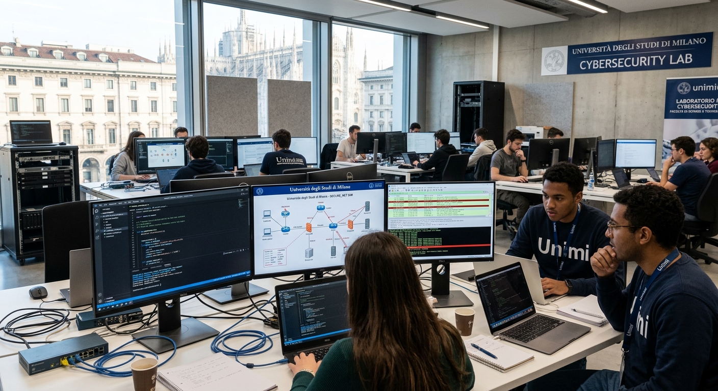 Modern cybersecurity laboratory at the University of Milan, students working on network security simulations with multiple monitors displaying code and network diagrams, bright contemporary academic setting in Milan Italy