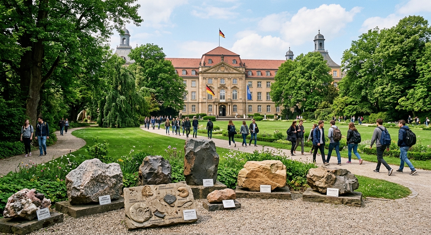 University of Bonn historic main building with lush green grounds, geological rock specimens displayed in foreground, students walking along tree-lined pathways in Bonn, Germany