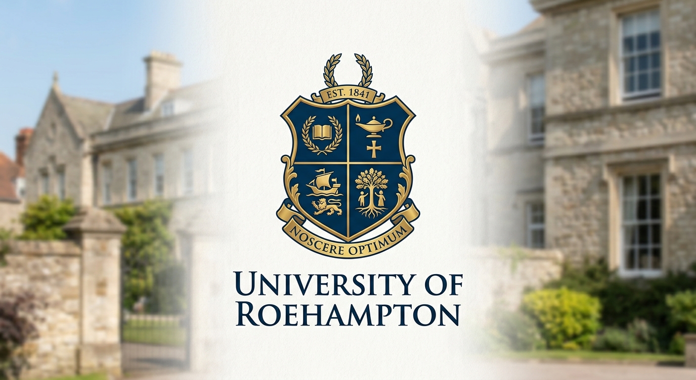 University of Roehampton official logo, dark blue shield emblem with four quadrants representing the four historic colleges, university name in modern serif typeface