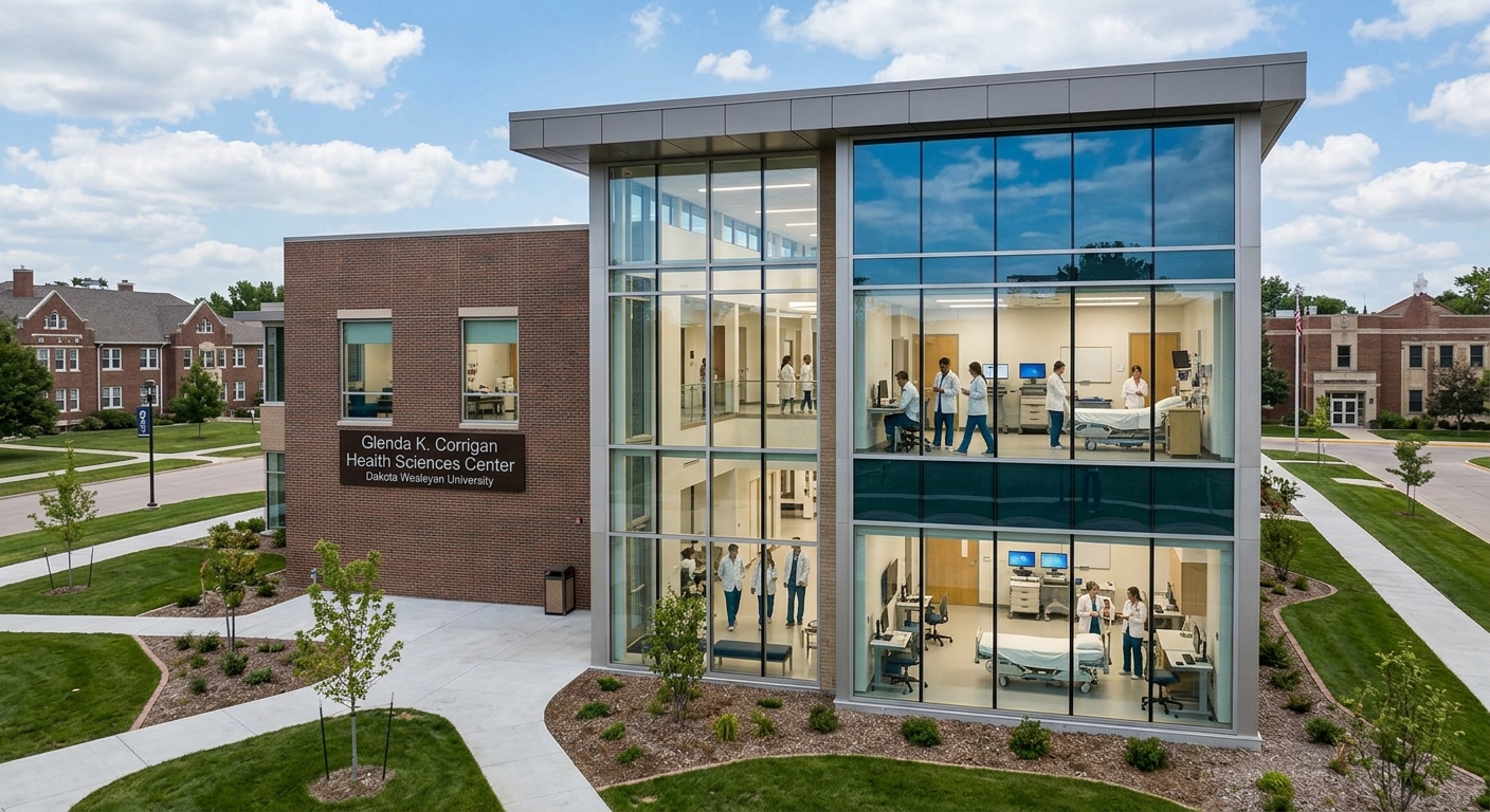 Glenda K. Corrigan Health Sciences Center at Dakota Wesleyan University, modern facility with large windows and clinical training spaces