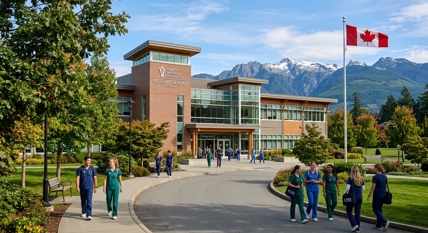 Modern nursing school building at Trinity Western University in Langley, British Columbia, with green campus grounds, students in nursing scrubs walking along tree-lined pathways, Canadian flag visible, mountains in the background