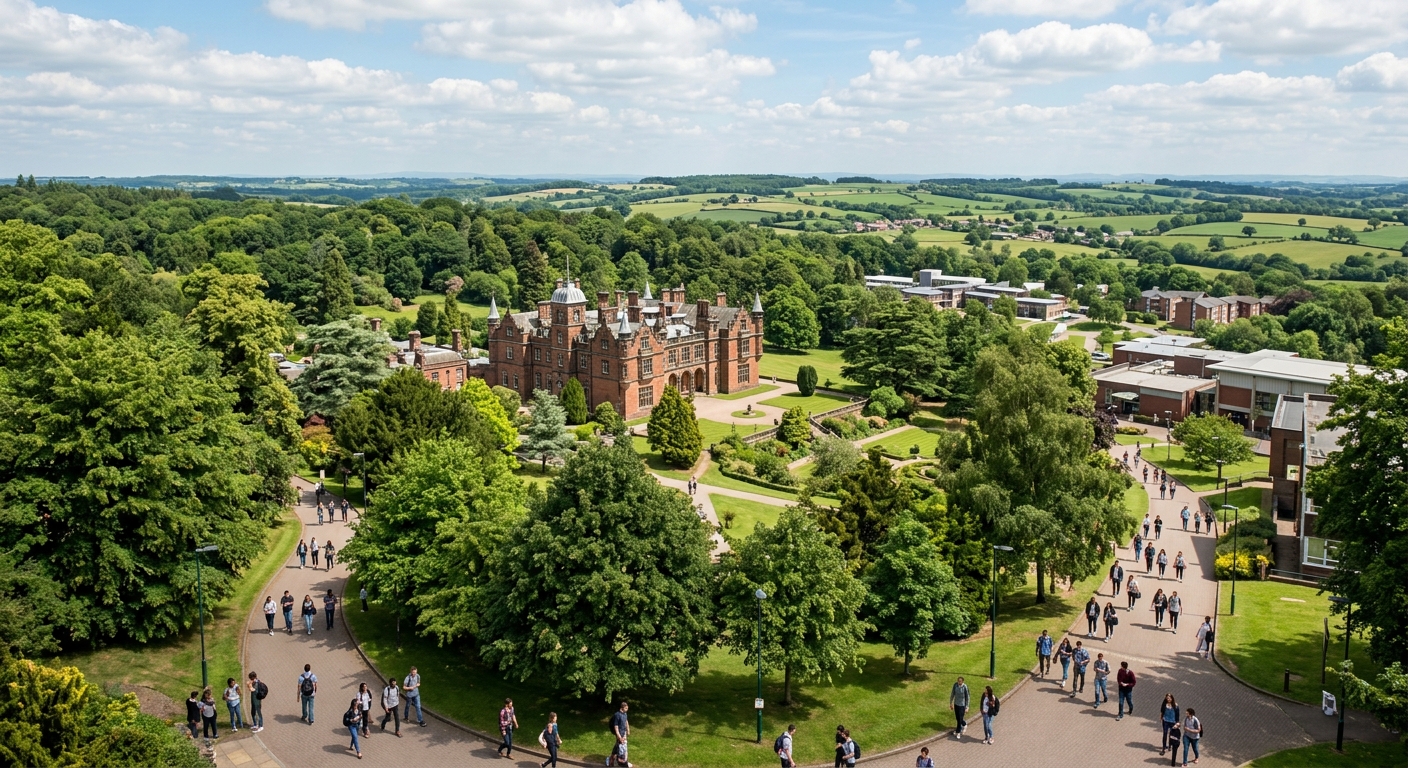 Keele University 600-acre green campus with historic Keele Hall surrounded by woodland, students walking along tree-lined pathways, Staffordshire countryside in the background, bright daylight