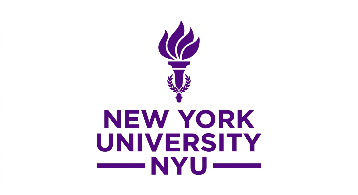 New York University official logo, purple torch emblem with NYU text, clean white background