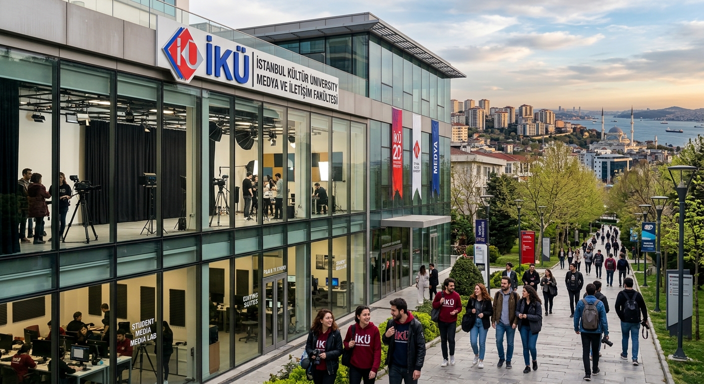 Modern Istanbul Kültür University campus building with media production facilities, film equipment visible through glass windows, students walking on a tree-lined pathway in Istanbul, Turkey, with a cinematic urban backdrop
