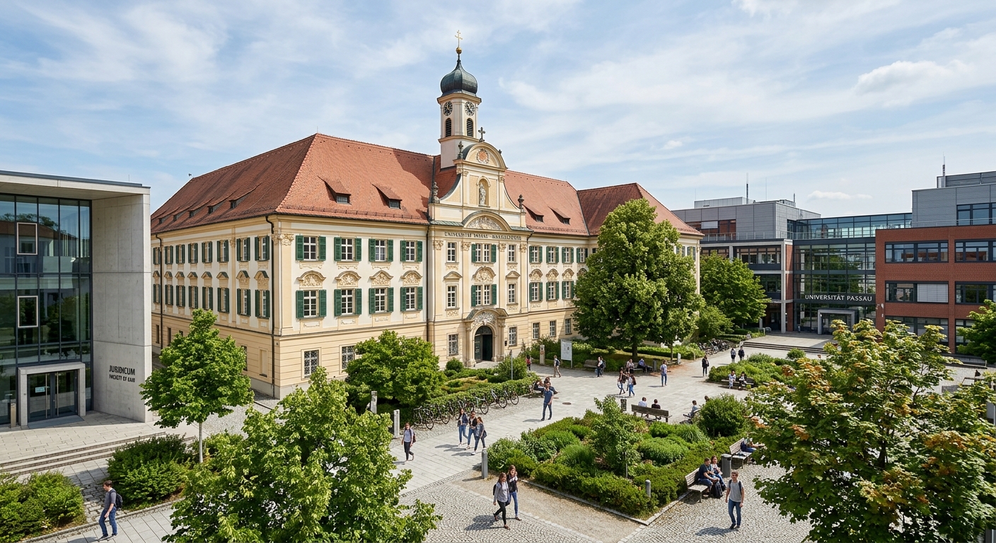 University of Passau Nikolakloster historic building with traditional Bavarian architecture, surrounded by modern university buildings, courtyard with trees