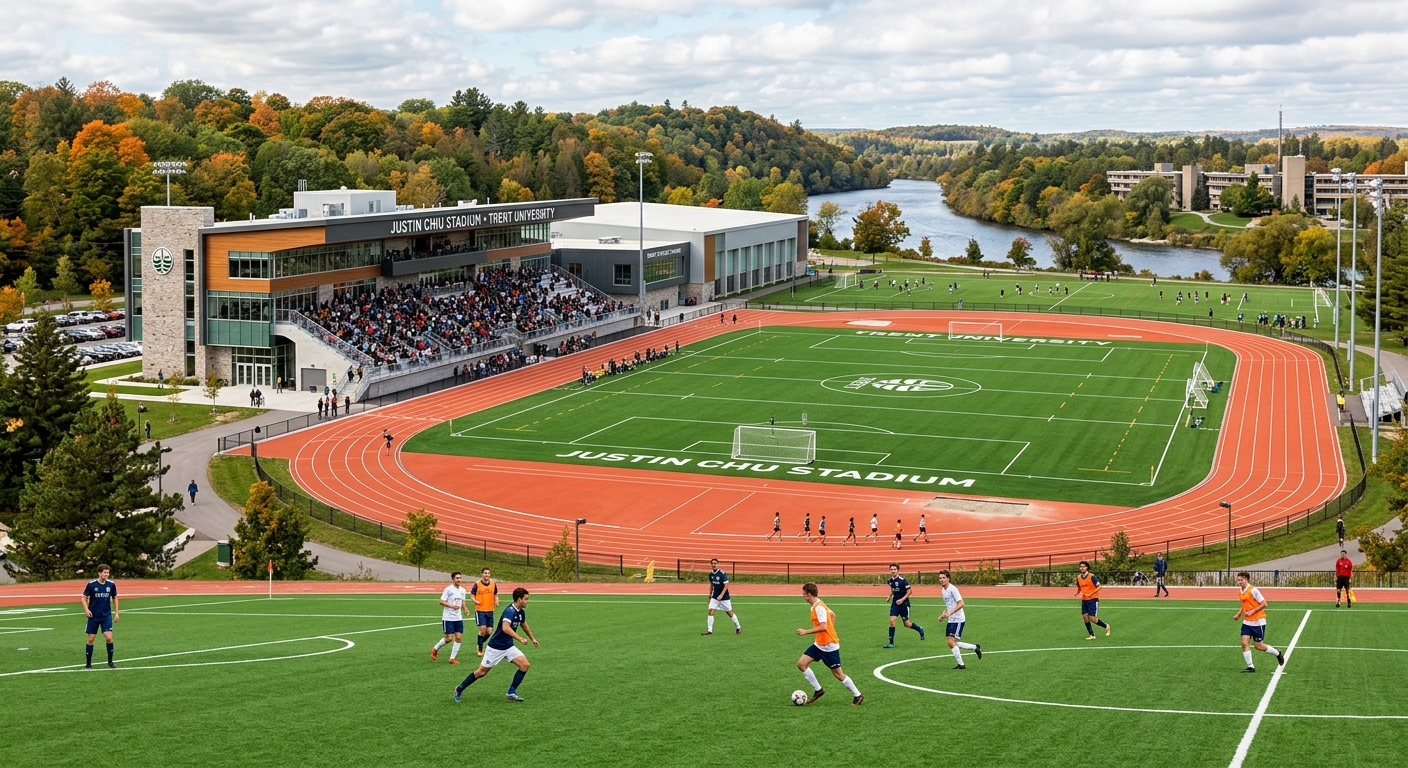Justin Chiu Stadium and athletics complex at Trent University, green sports fields, running track, modern recreation facilities, students playing sports