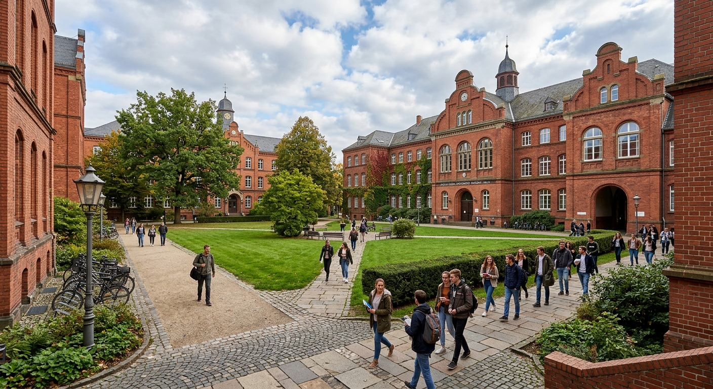 Historic university campus in Giessen Germany with red brick buildings, green courtyards, and students walking between lecture halls under a partly cloudy sky