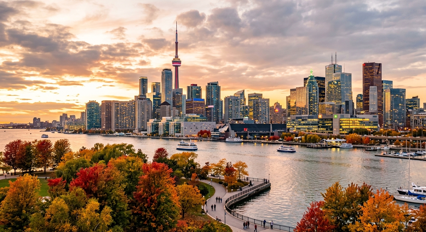 Downtown Toronto skyline with CN Tower, modern skyscrapers, Lake Ontario waterfront, autumn foliage in foreground, vibrant urban landscape at golden hour