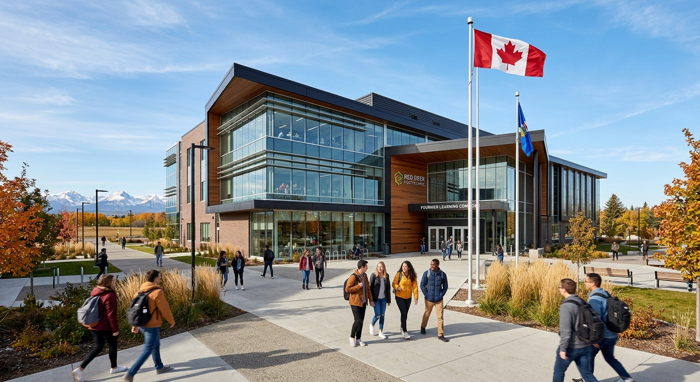 Modern polytechnic campus building in Red Deer Alberta with students walking along pathways, Canadian flag visible, snow-capped mountains in the distant background, clear blue sky, contemporary architecture with glass facades