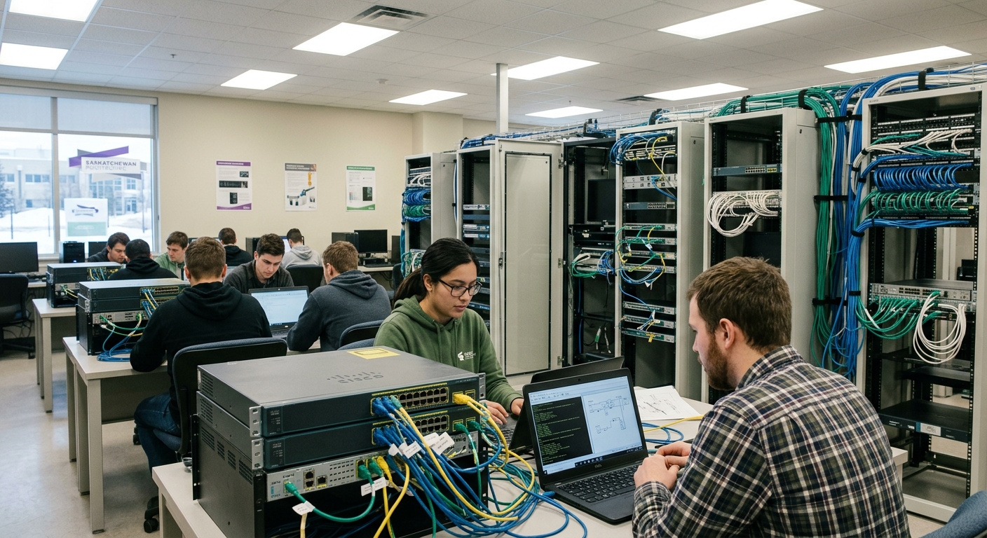 Modern computer networking lab at Saskatchewan Polytechnic Regina campus, students configuring Cisco routers and switches, network cables and server racks visible, bright institutional lighting
