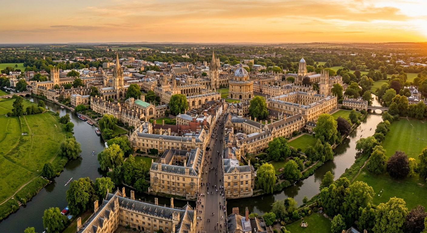 Aerial view of Oxford city skyline showing Gothic spires, domed buildings, the River Thames and Cherwell, green parks, and historic streets with a warm golden sunset glow