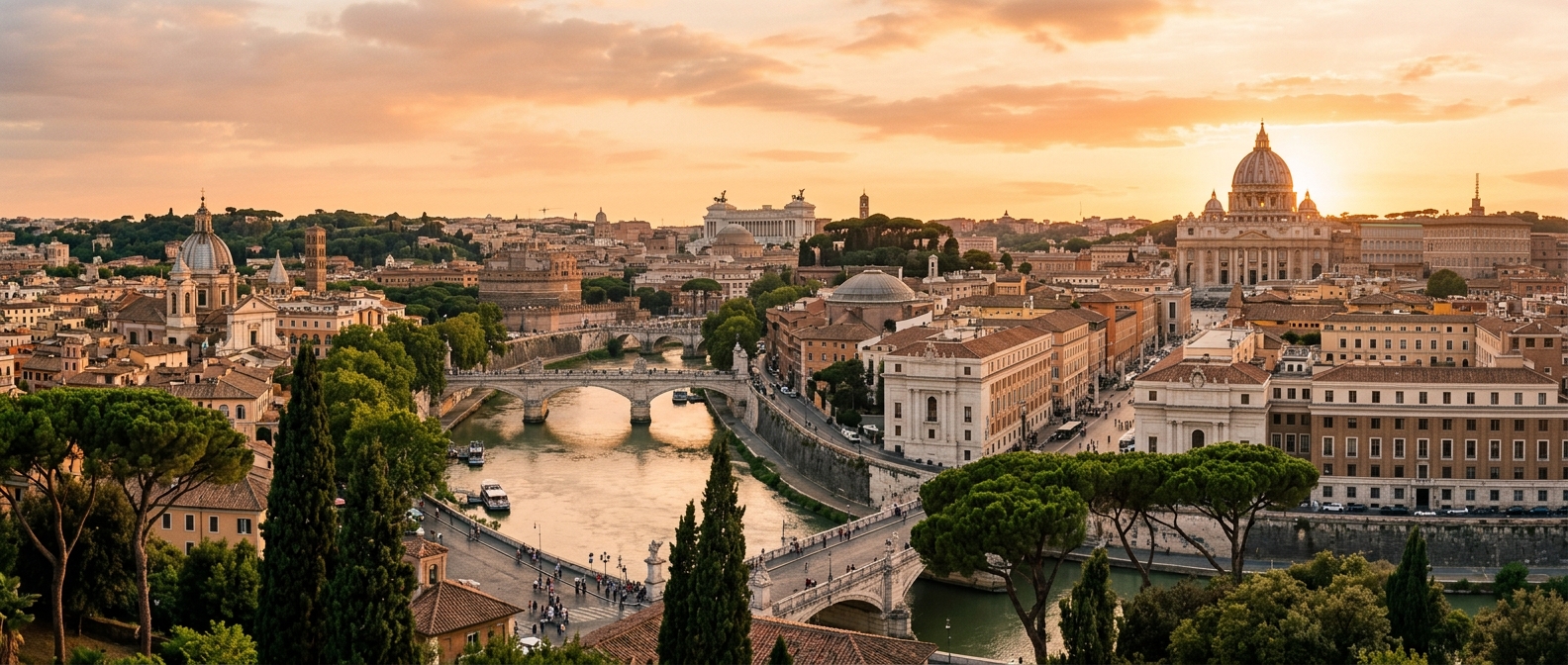 Panoramic view of Rome skyline at golden hour, St. Peter's Basilica dome visible, Tiber River flowing through the city, terracotta rooftops, cypress trees, warm Mediterranean light