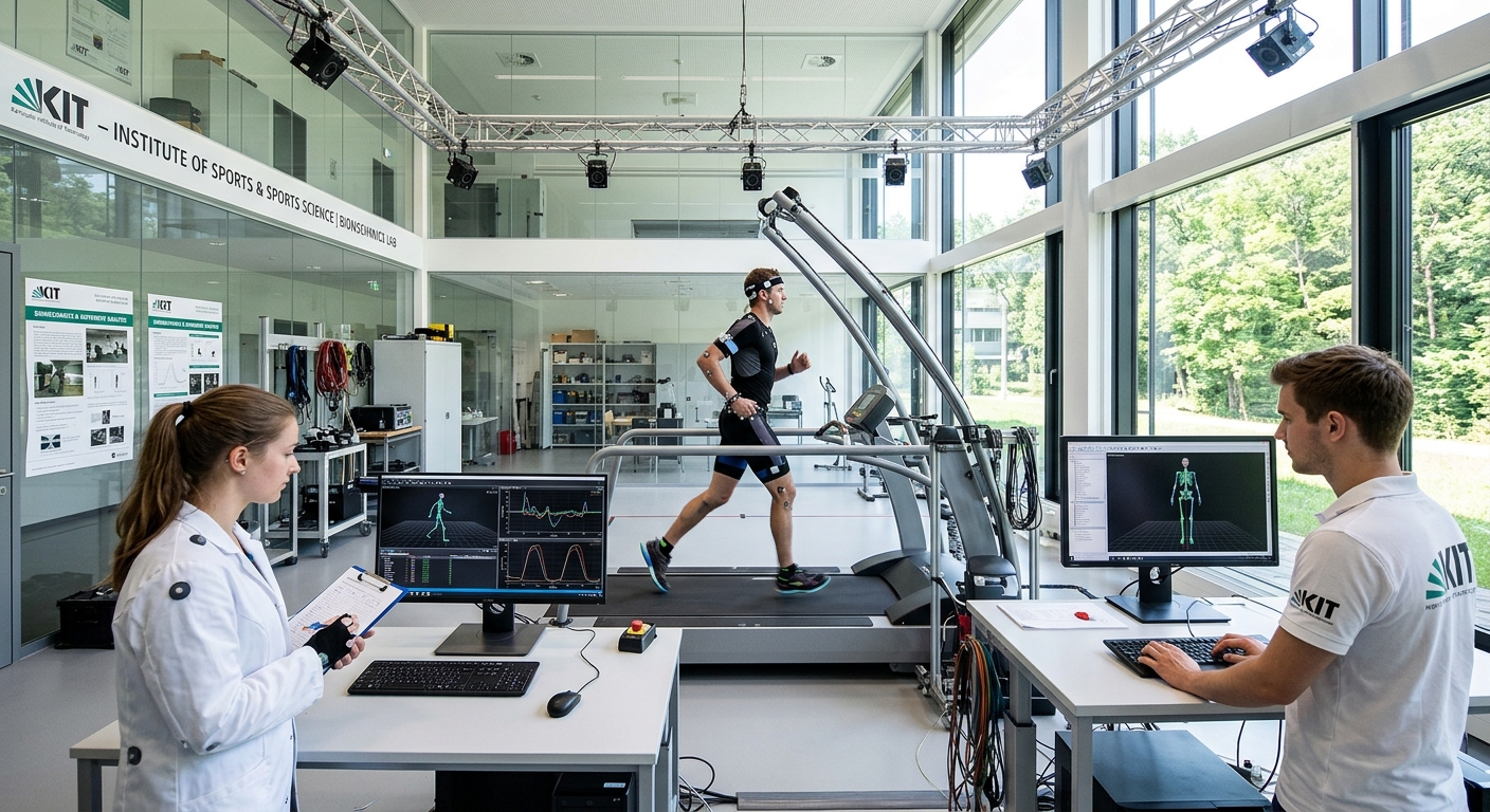 Modern sports science laboratory at Karlsruhe Institute of Technology with motion capture equipment, biomechanics analysis screens, and students conducting movement research in a bright facility near the Karlsruhe city forest