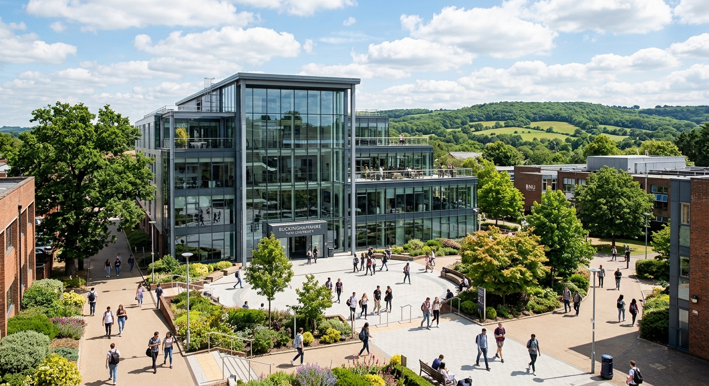 Buckinghamshire New University High Wycombe campus wide shot, modern Gateway Building with glass facade, students walking across courtyard, green Chiltern Hills in background, bright daylight