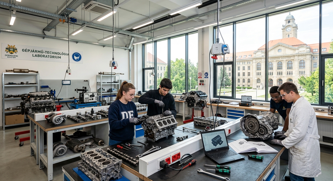 Modern engineering laboratory at University of Debrecen with students working on vehicle engine components, automotive parts displayed on workbenches, bright industrial lighting, Hungarian campus architecture visible through large windows