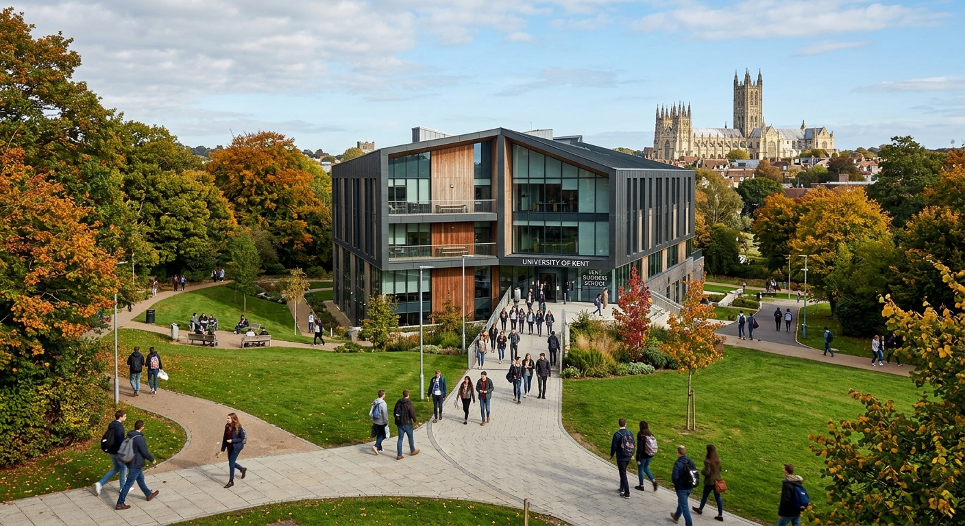 Canterbury campus of University of Kent with the modern Sibson Building housing Kent Business School, green parkland surroundings, students walking on pathways, Canterbury Cathedral visible in the background, bright autumn day