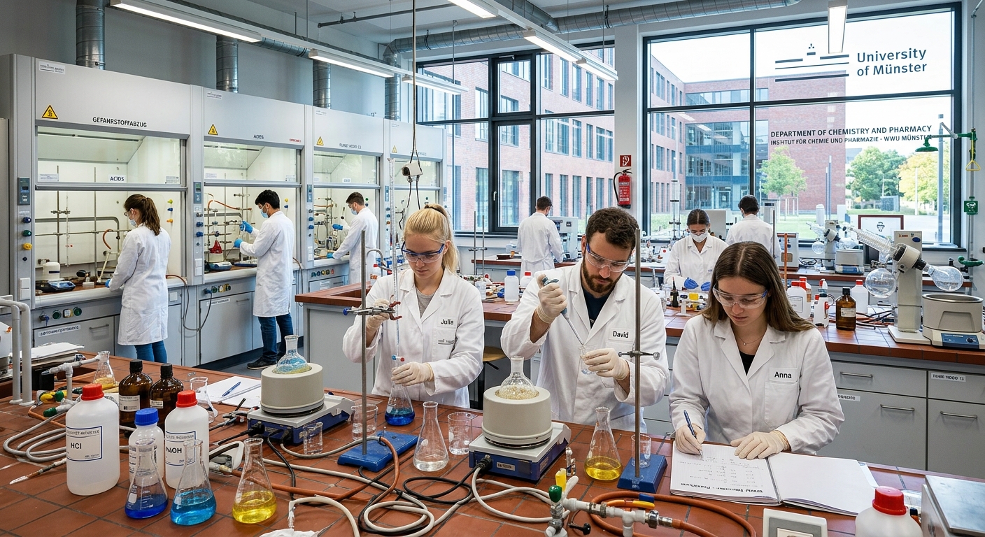 Modern chemistry laboratory at the University of Münster with students conducting experiments, glass beakers and flasks on workbenches, fume hoods in the background, bright fluorescent lighting, Department of Chemistry and Pharmacy building exterior visible through windows