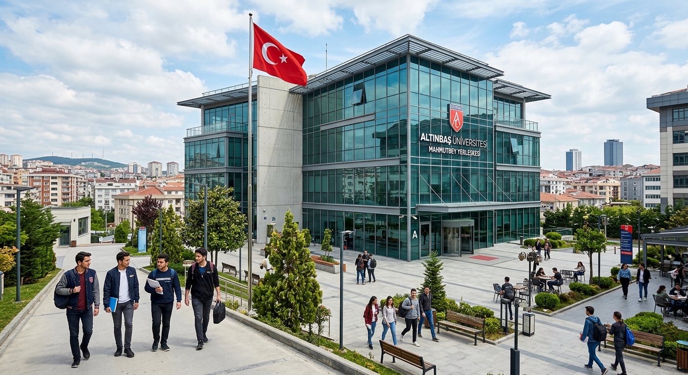 Modern Altinbas University Mahmutbey campus building in Istanbul with glass facade, engineering students walking through courtyard, Turkish flag visible, contemporary architecture surrounded by urban landscape