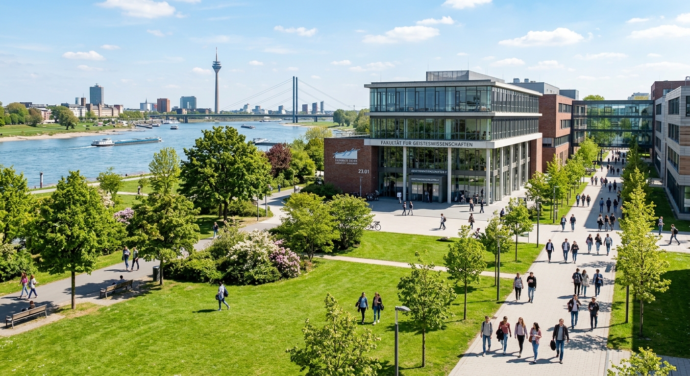 Heinrich Heine University Düsseldorf modern campus buildings with green lawns and trees, students walking along pathways near the Faculty of Arts and Humanities, bright daylight with the Rhine river visible in the background