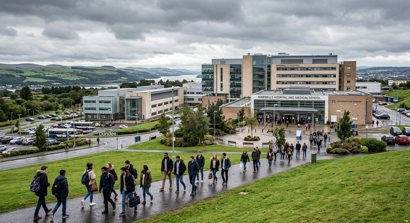 Ninewells Hospital campus at the University of Dundee, modern medical facility with laboratory buildings, green Scottish landscape in background, students walking near entrance, overcast sky typical of Scotland