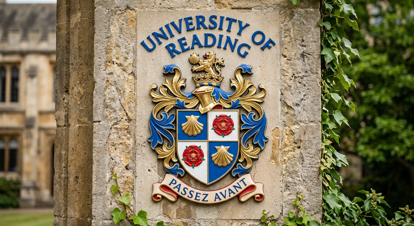 University of Reading official coat of arms logo featuring scallop shells and Lancaster Rose on a shield with university name text